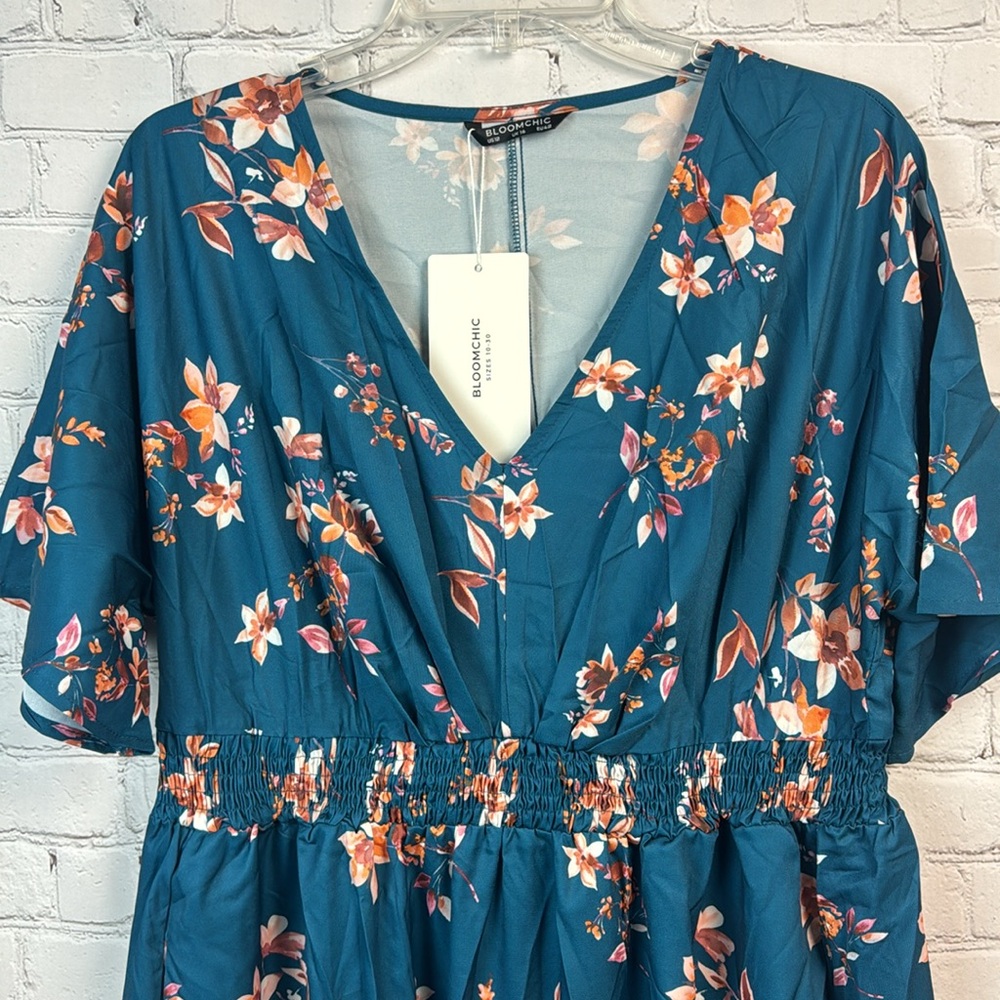 BloomChic Teal Floral V Neck Flutter Sleeve Pocket Dress Plus Size 2X - Picture 4 of 6